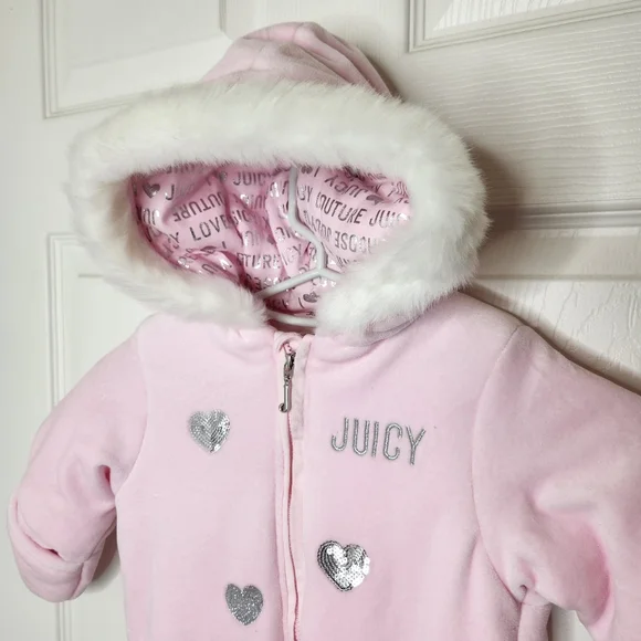Baby Juicy Couture Winter Suit Bunting Pink Silver Sequin Heart Fur Hood NWT - Picture 2 of 12